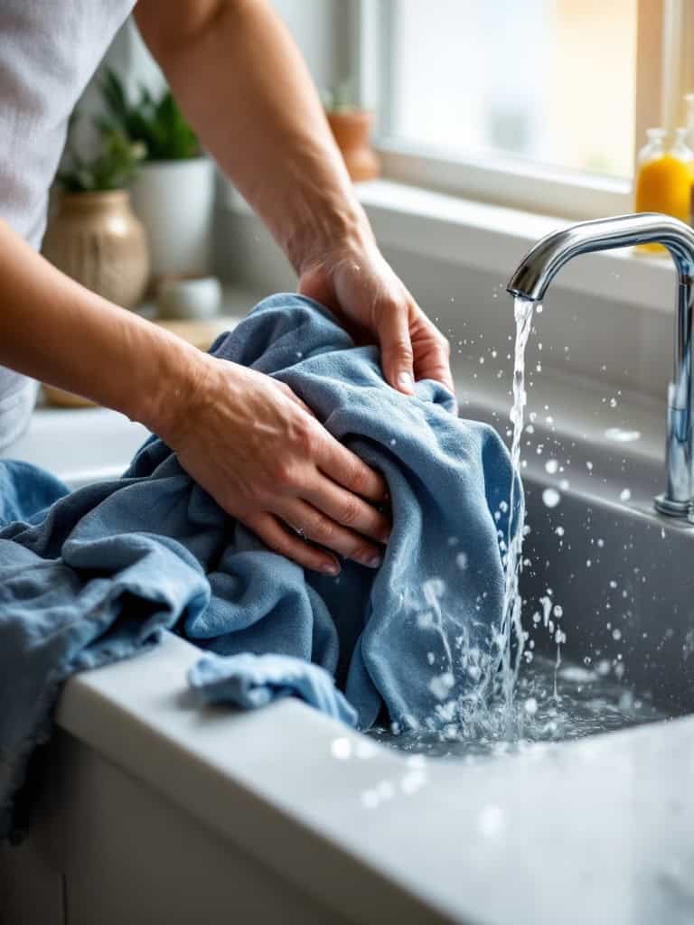 A person rinsing a blue towel under running water in a sink.