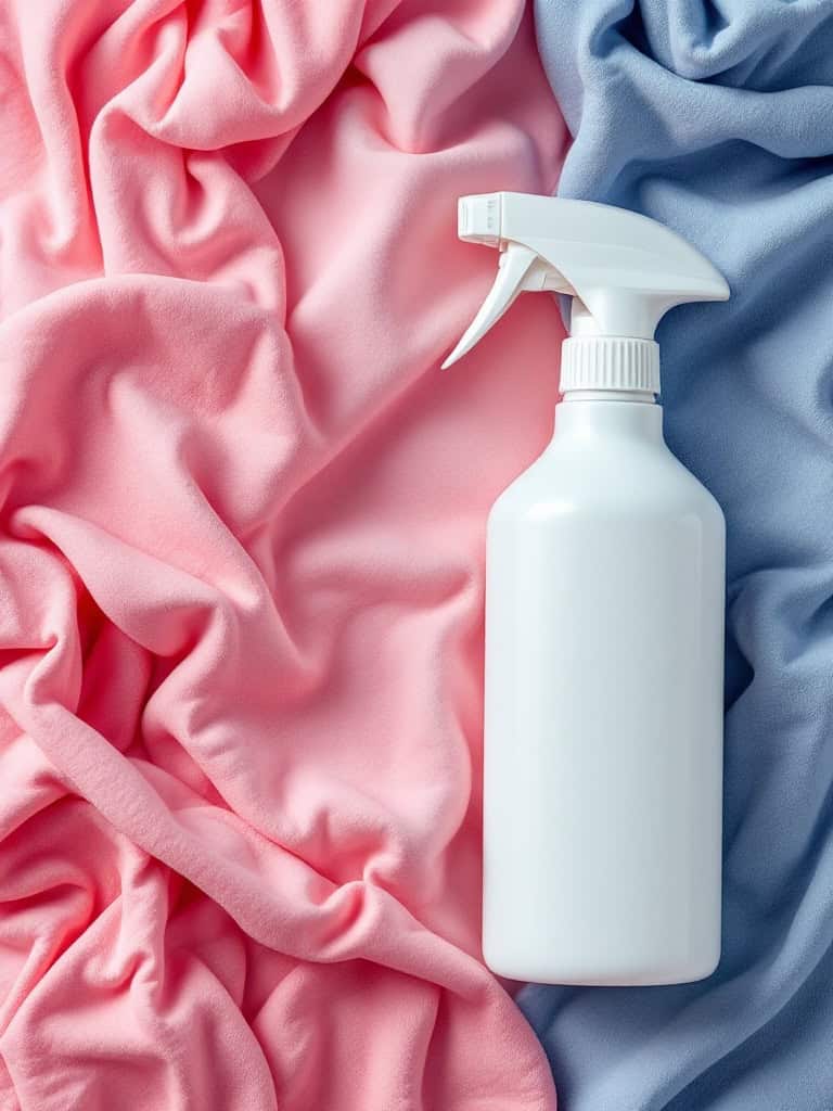 A white spray bottle on pink and blue wrinkled fabric.