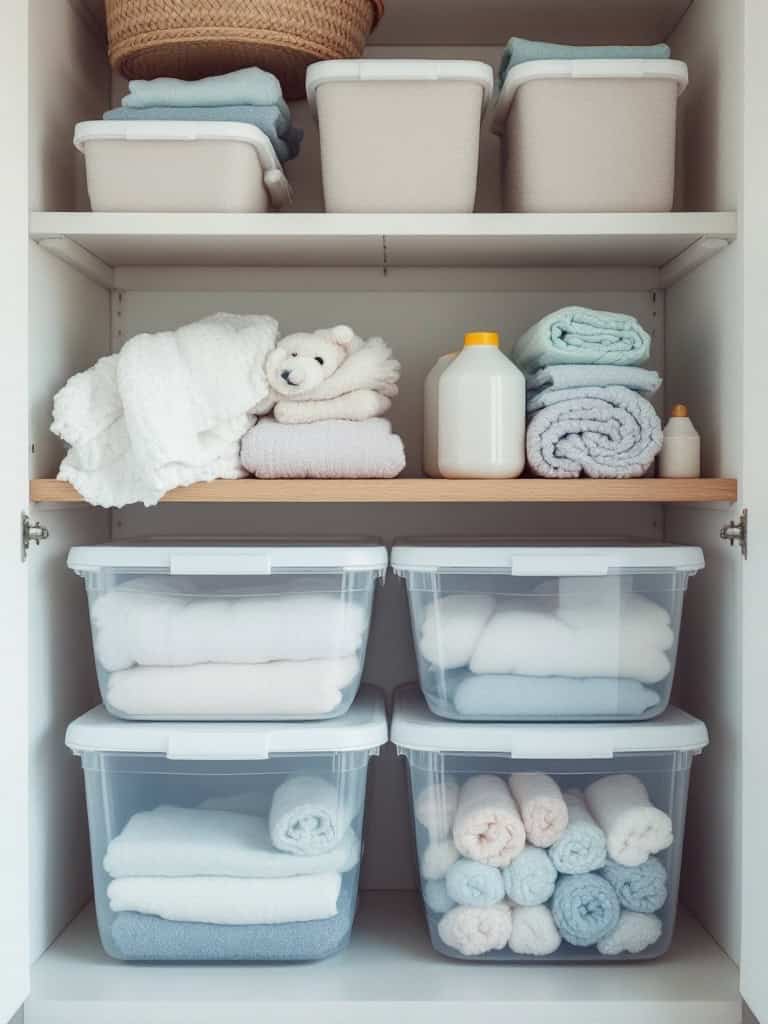 Organized laundry closet with clear containers and neatly folded towels.