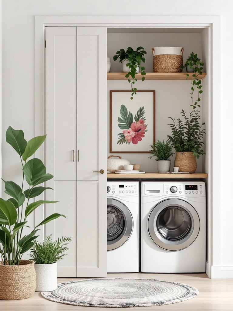 A well-organized laundry closet featuring washing machines, plants, and decorative elements.