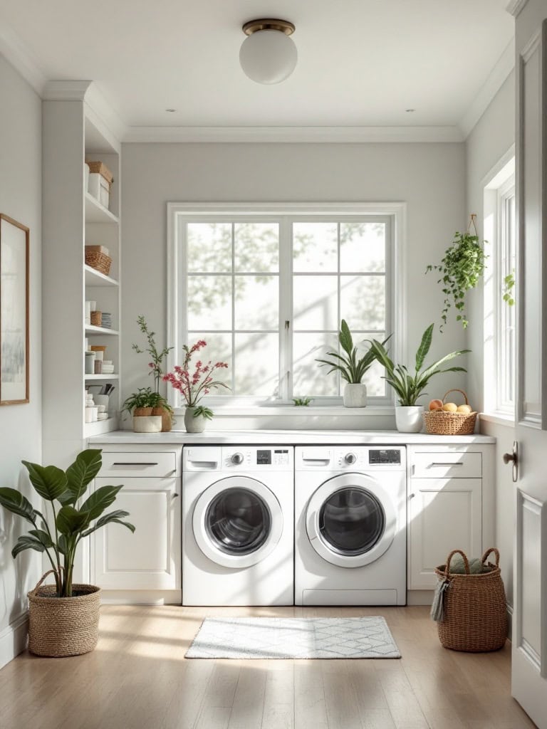 Bright and airy laundry closet with natural light and plants.