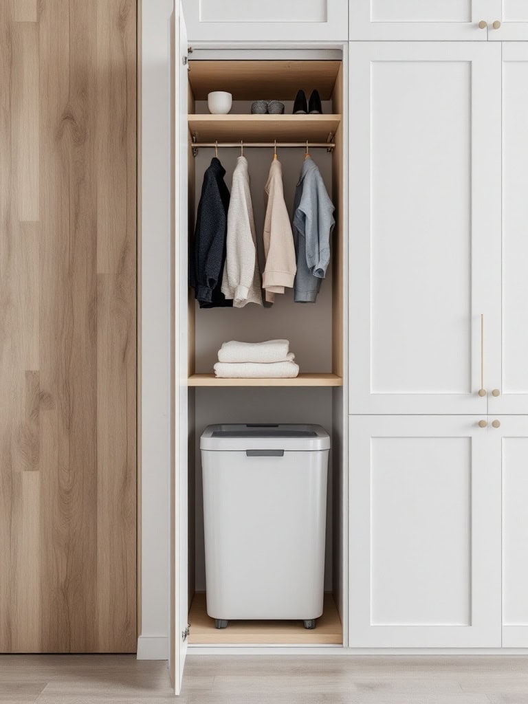 A clean laundry closet with hidden trash bins and neatly organized clothes.