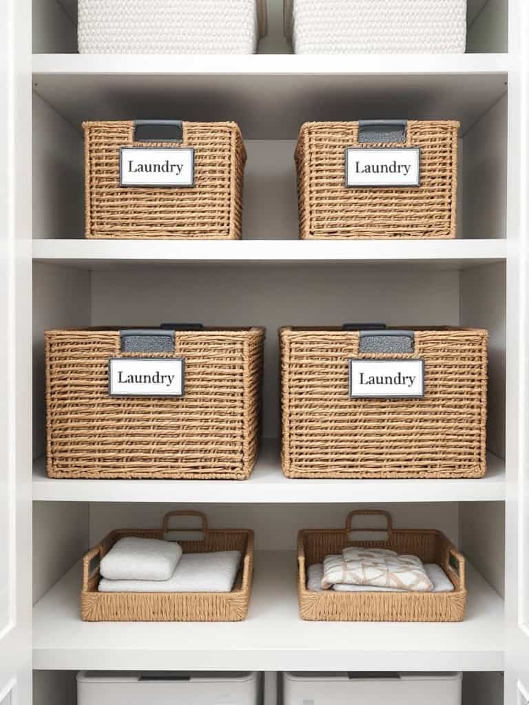 Organized laundry closet with various baskets and neatly folded towels.