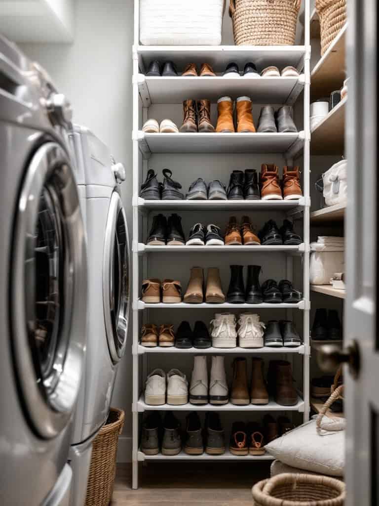A laundry closet with vertical shoe storage displaying various pairs of shoes neatly arranged on shelves.