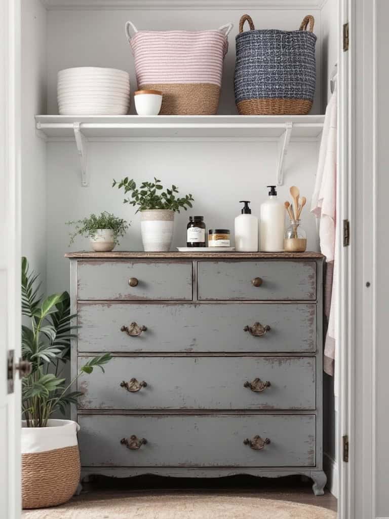 A vintage dresser with decorative baskets and plants in a laundry closet.