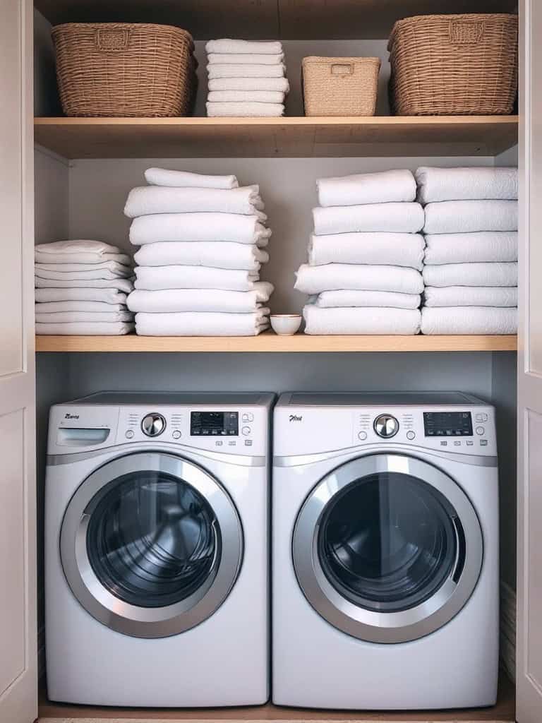 Organized laundry closet with a folding station and neatly stacked towels.