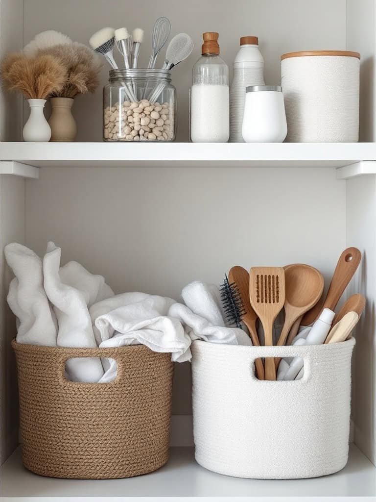 Organized laundry closet with under-shelf baskets containing towels and utensils.