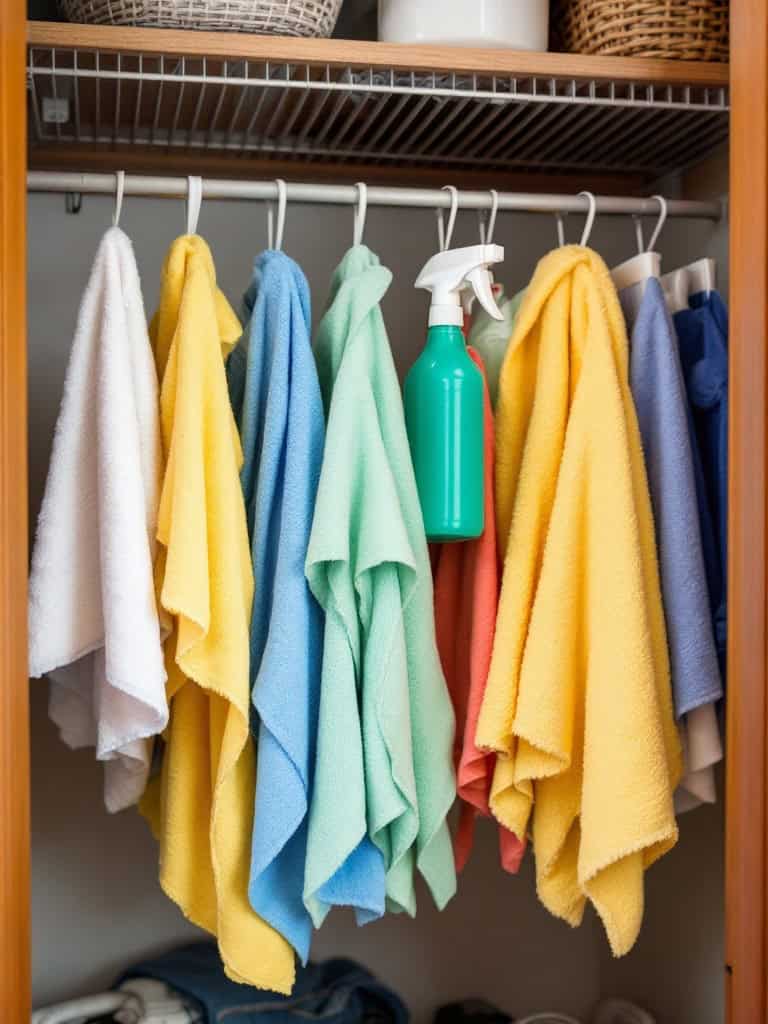 Laundry closet with tension rods holding cleaning supplies and towels