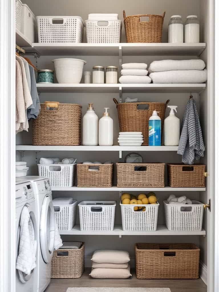 Organized laundry closet with shelves, baskets, and neatly folded towels.