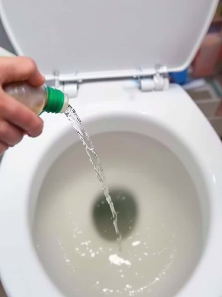 A person pouring white vinegar into a toilet tank.