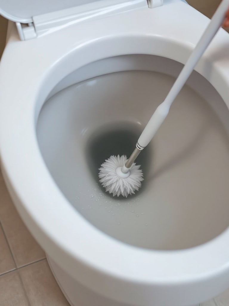 A toilet cleaning wand being used in a clean toilet.