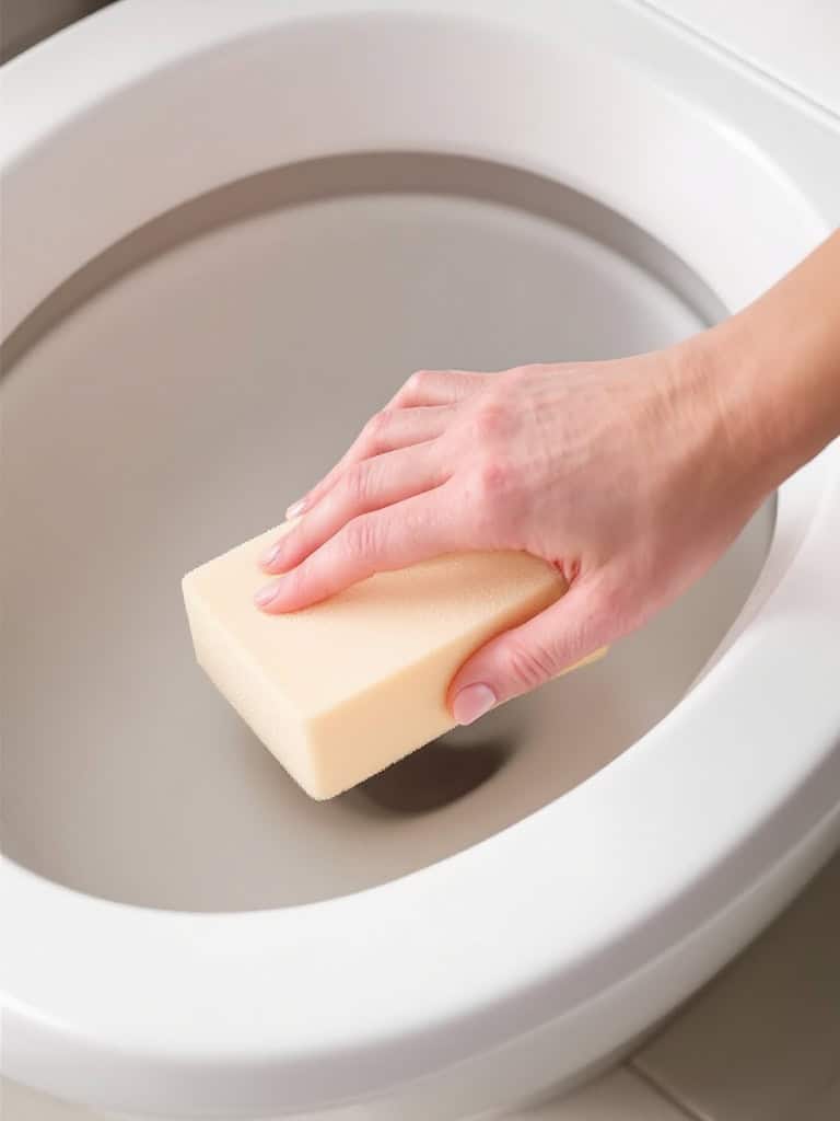 A hand holding a melamine foam sponge above a toilet bowl.