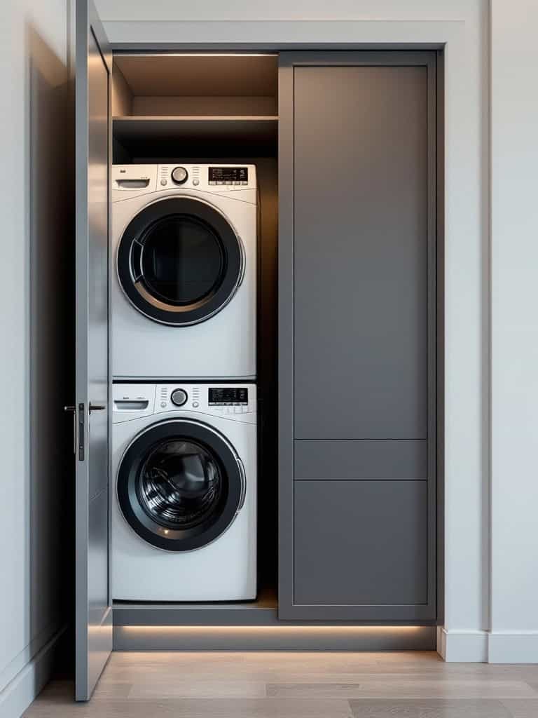 A stackable washer and dryer unit in a modern laundry closet.