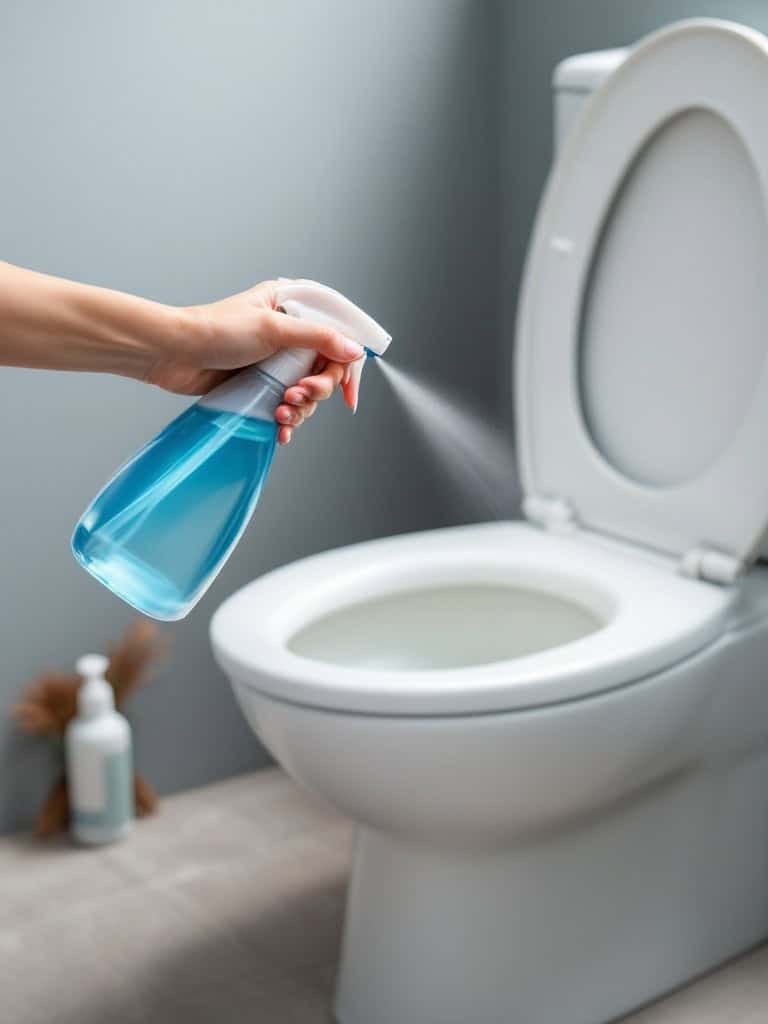 A person spraying a cleaning solution on a toilet tank and bowl.
