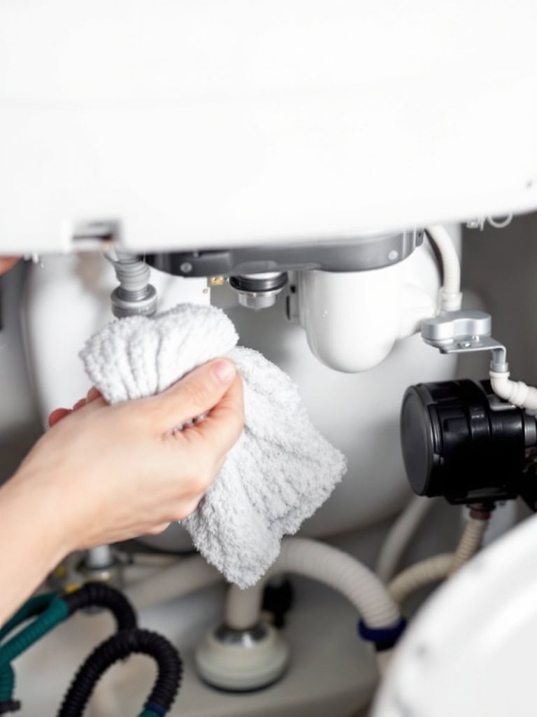 A person wearing gloves is cleaning a toilet tank with a cloth.