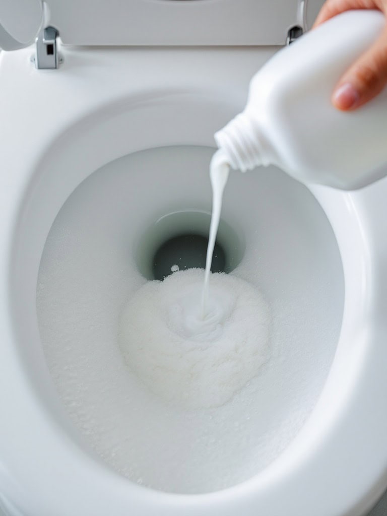 Pouring bleach into a toilet bowl for cleaning
