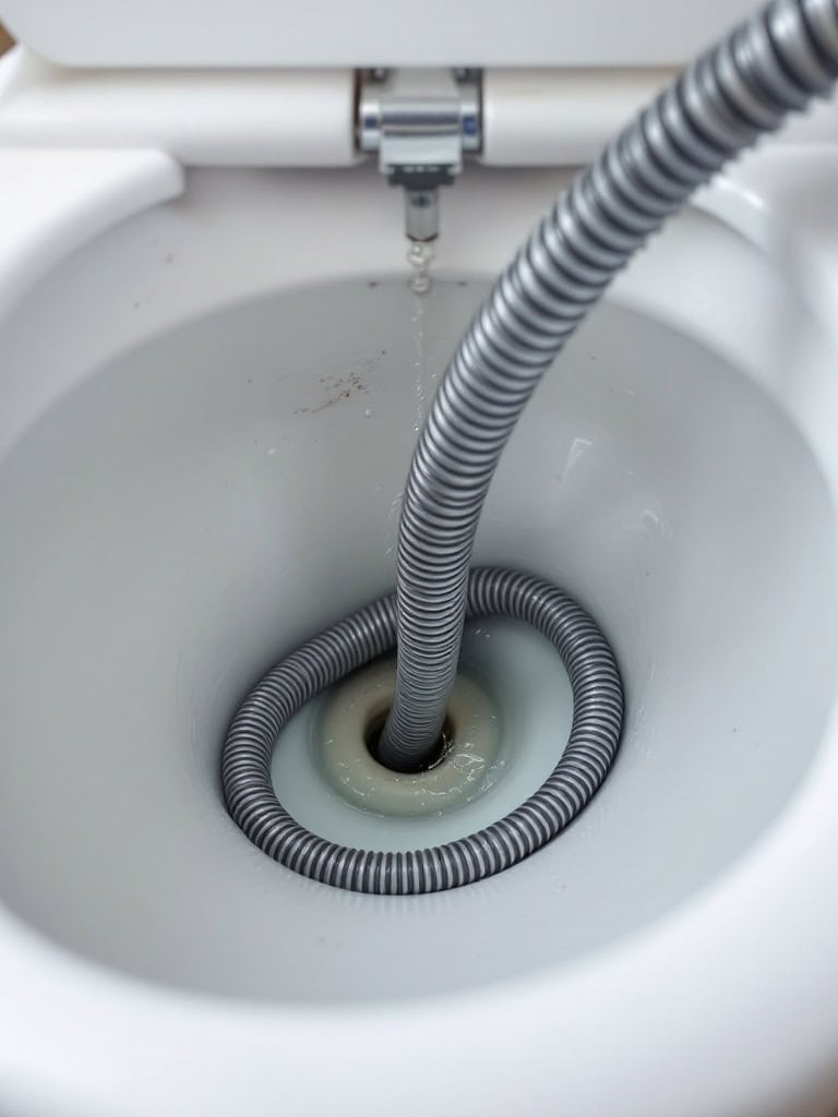 Close-up of a toilet with a plumber's snake in the drain