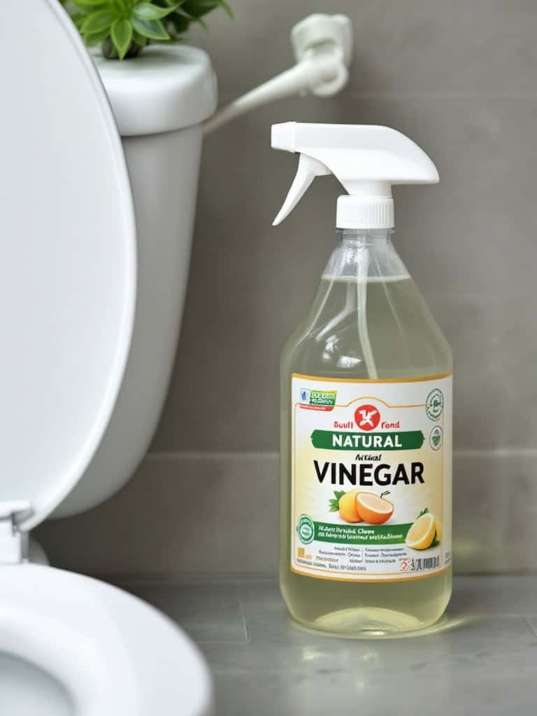 A bottle of natural vinegar spray next to a toilet.