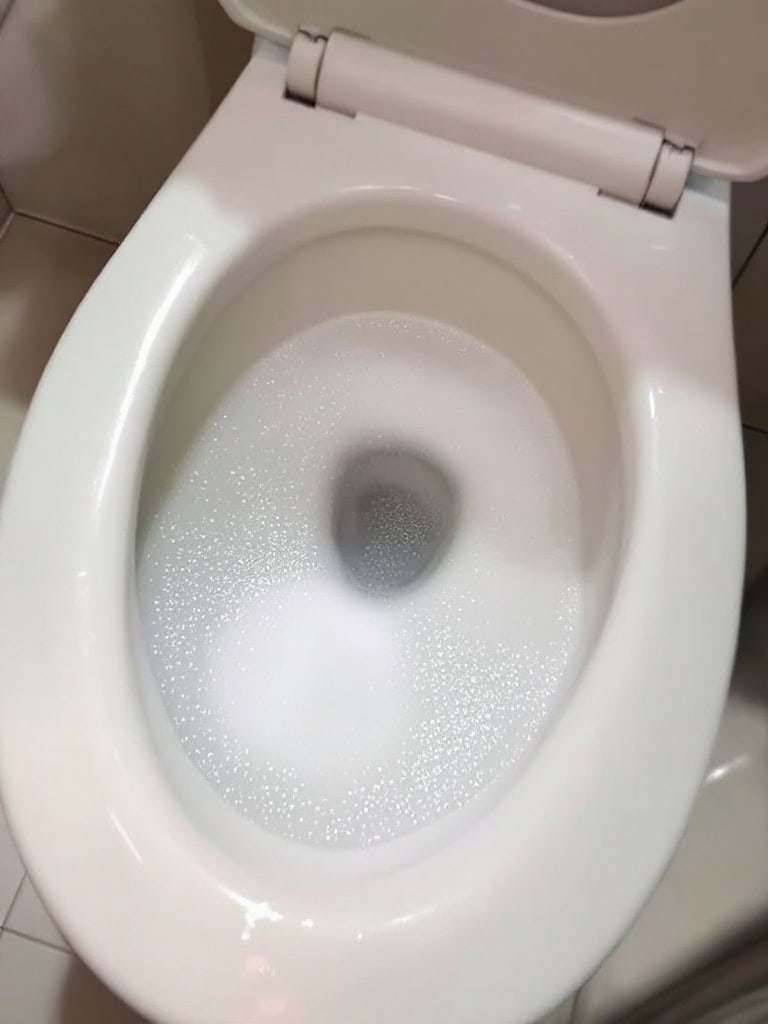 A toilet bowl being cleaned with baking soda and vinegar.