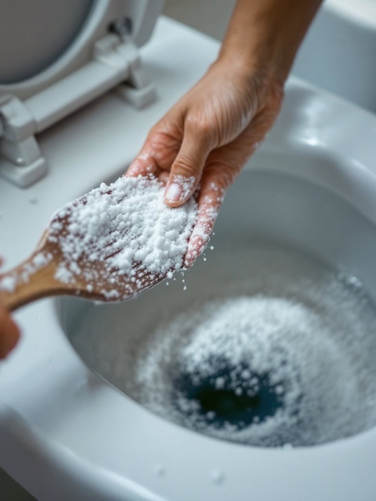 A hand holding a wooden spoon with salt granules over a toilet bowl
