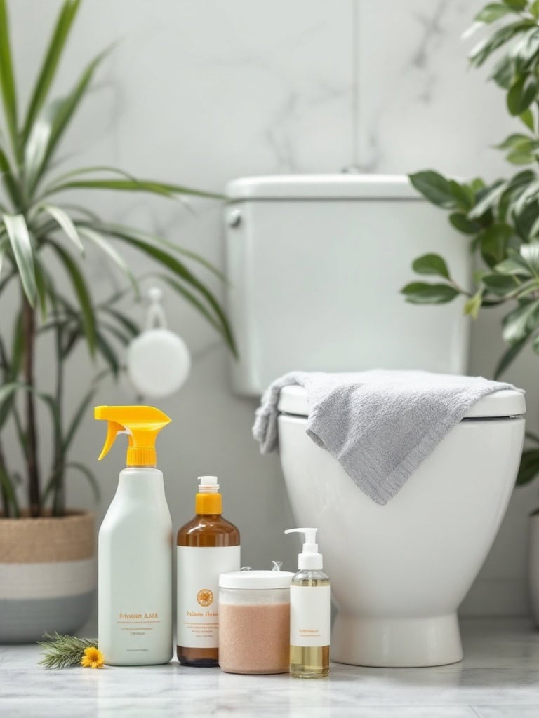 A clean bathroom with natural cleaning products displayed next to the toilet.