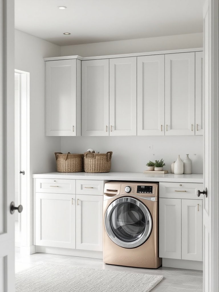 A modern laundry closet with custom cabinetry and a washing machine.
