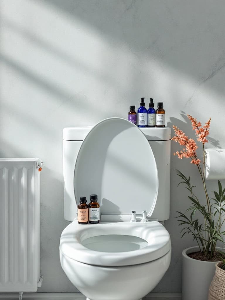 A clean toilet tank with essential oil bottles on top