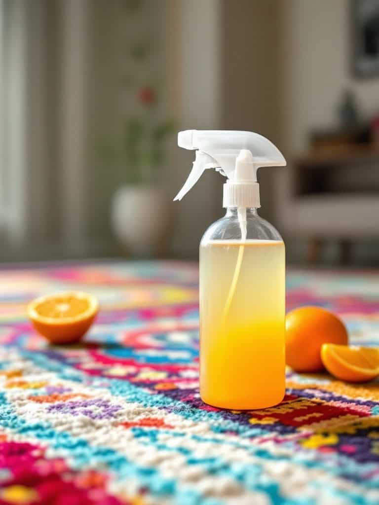 A spray bottle filled with citrus cleaner and fresh oranges on a colorful rug