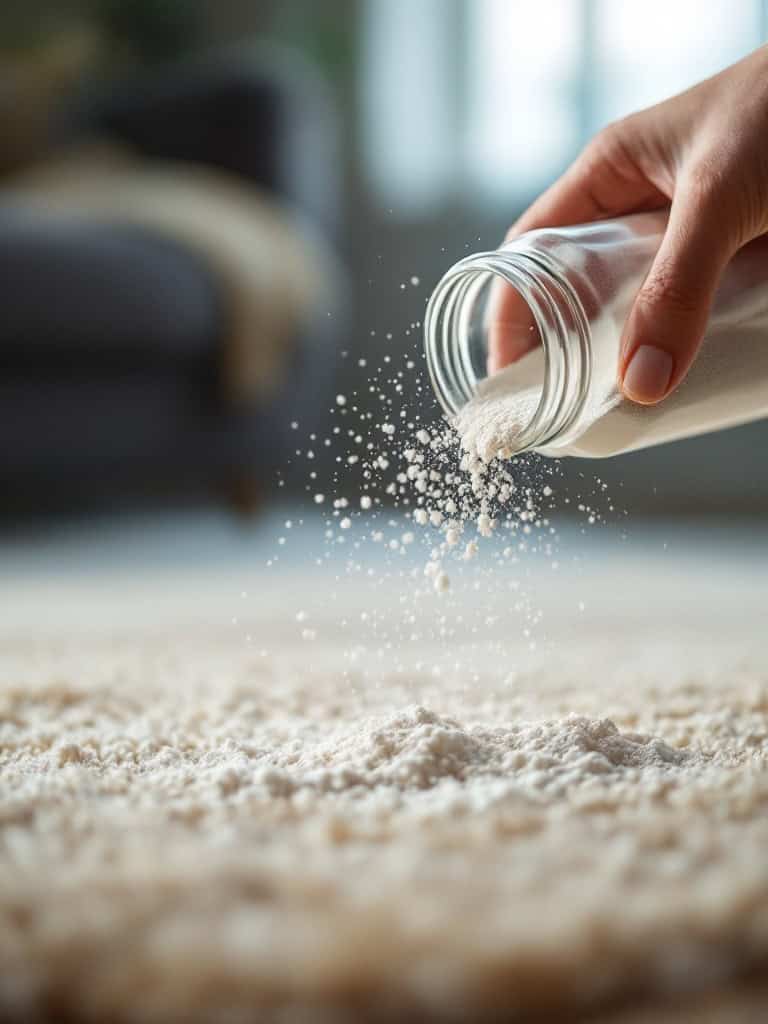 A hand pouring powdered carpet cleaner onto a carpet.