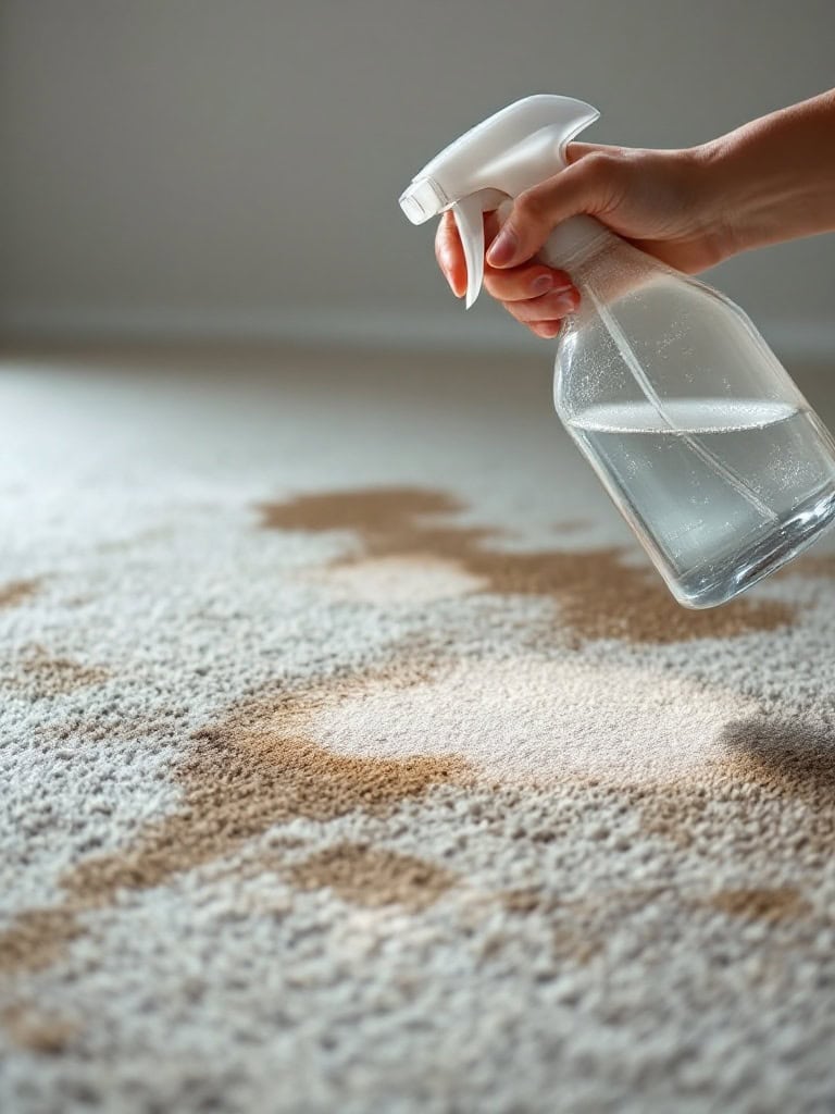 A person spraying a carpet with a homemade cleaning solution.