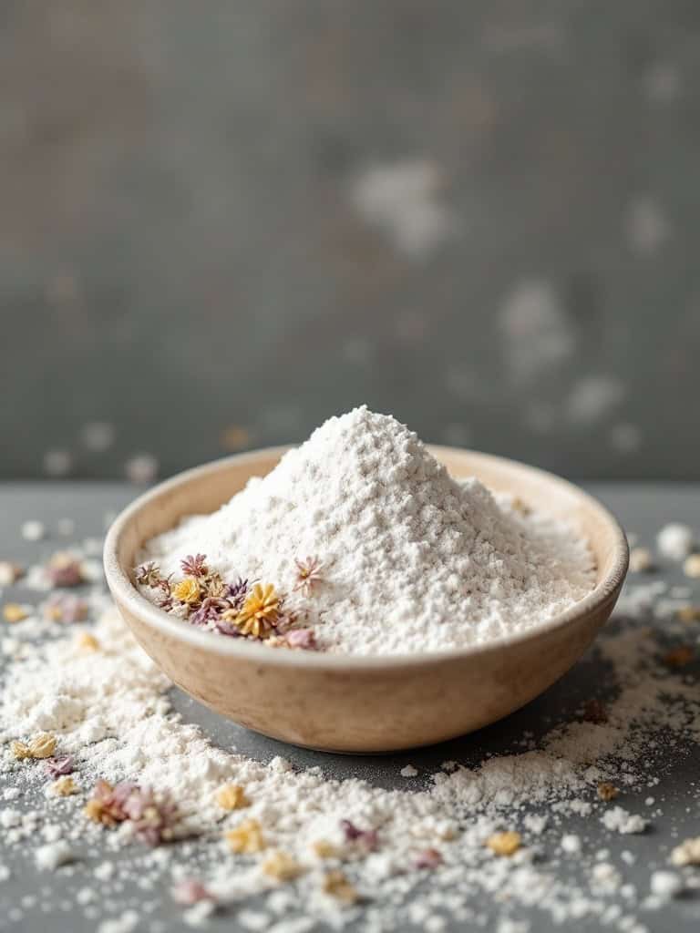 A bowl of white powder with dried flowers scattered around it