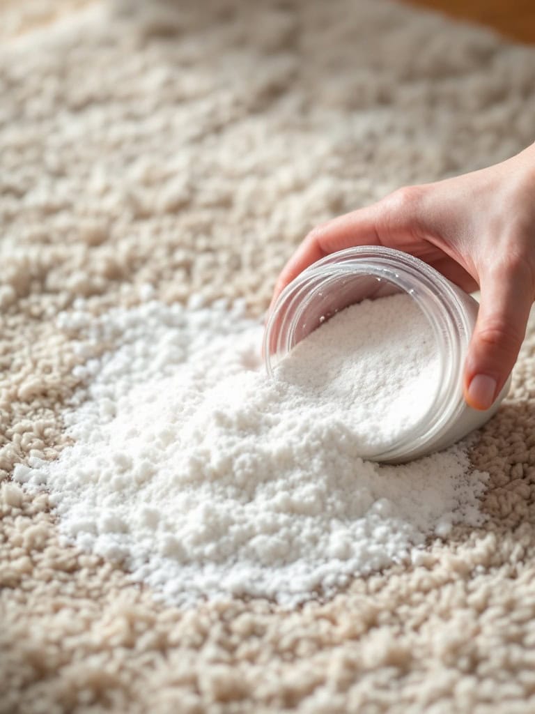A hand pouring borax powder onto a carpet.
