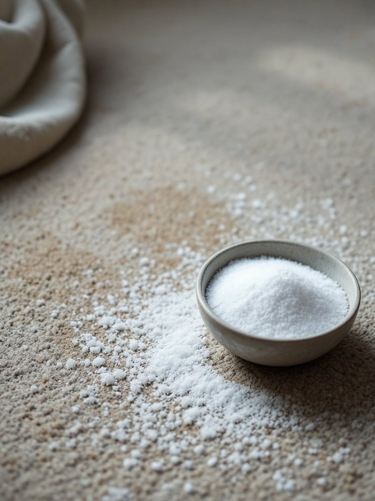 A bowl of salt on a carpet with some salt sprinkled around.