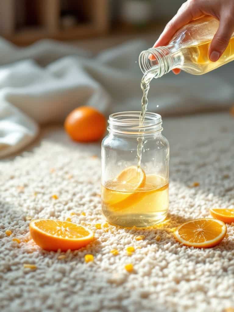 A hand pouring citrus vinegar into a jar with orange slices on a carpet.