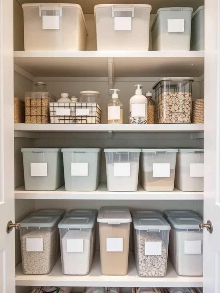 Organized laundry closet with labeled containers and neatly arranged items.