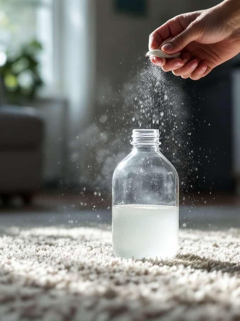 A person sprinkling a substance into a bottle over a carpet.