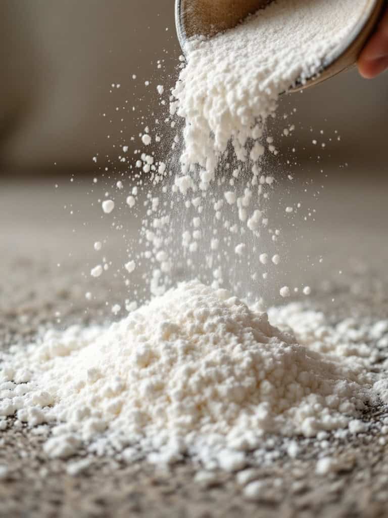 A hand pouring cornstarch onto a carpet.