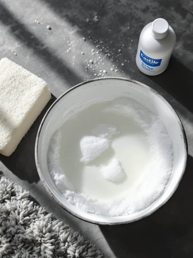 A bowl with a Castile soap solution next to a sponge and a bottle of Castile soap on a gray surface.