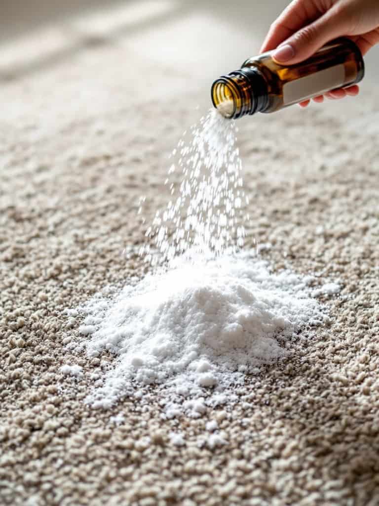A person pouring baking soda onto a carpet from a bottle of essential oil.