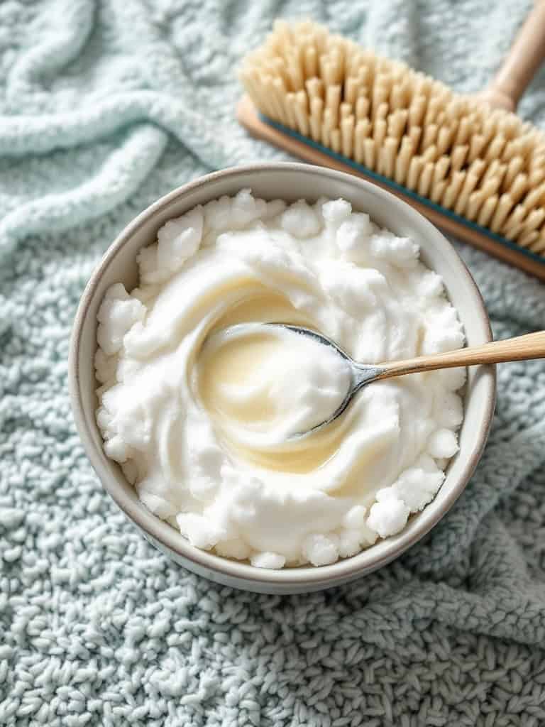 A bowl of homemade carpet shampoo with a spoon, next to a cleaning brush.