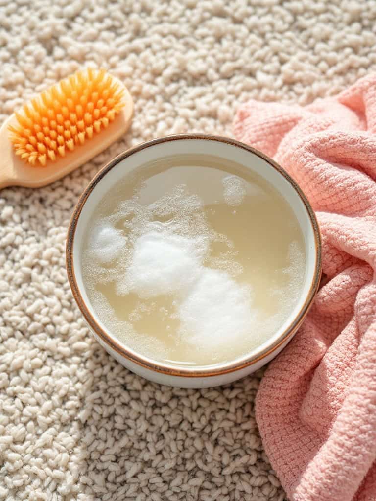 A bowl of warm soapy water with a brush and cloth on a carpet.