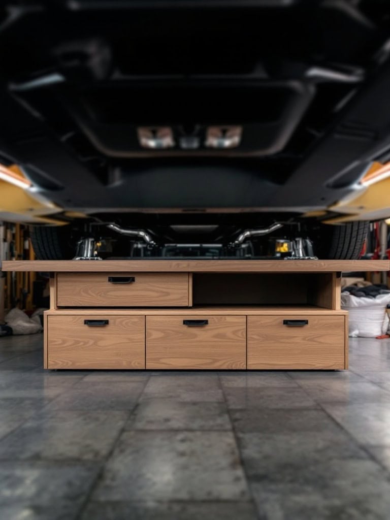 Under-carriage storage with wooden drawers and a sleek design.