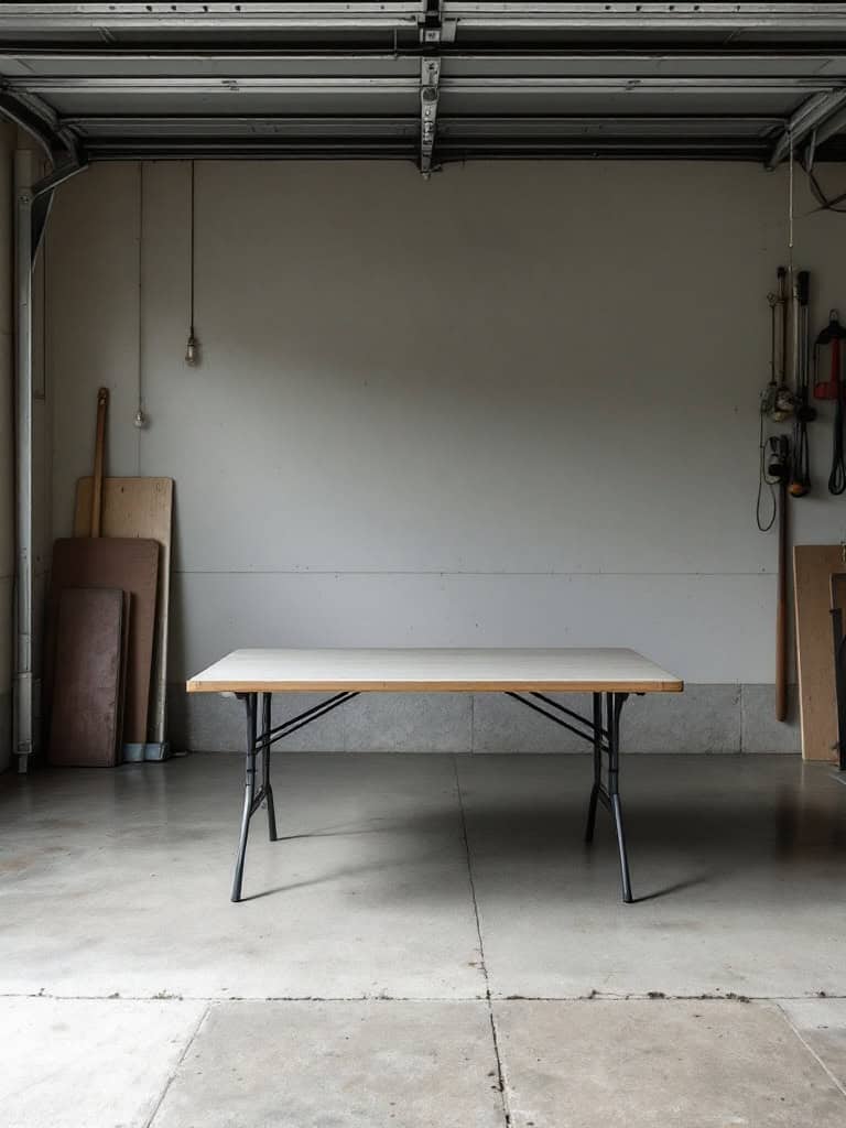 A folding table set up in a garage with a simple, open background.