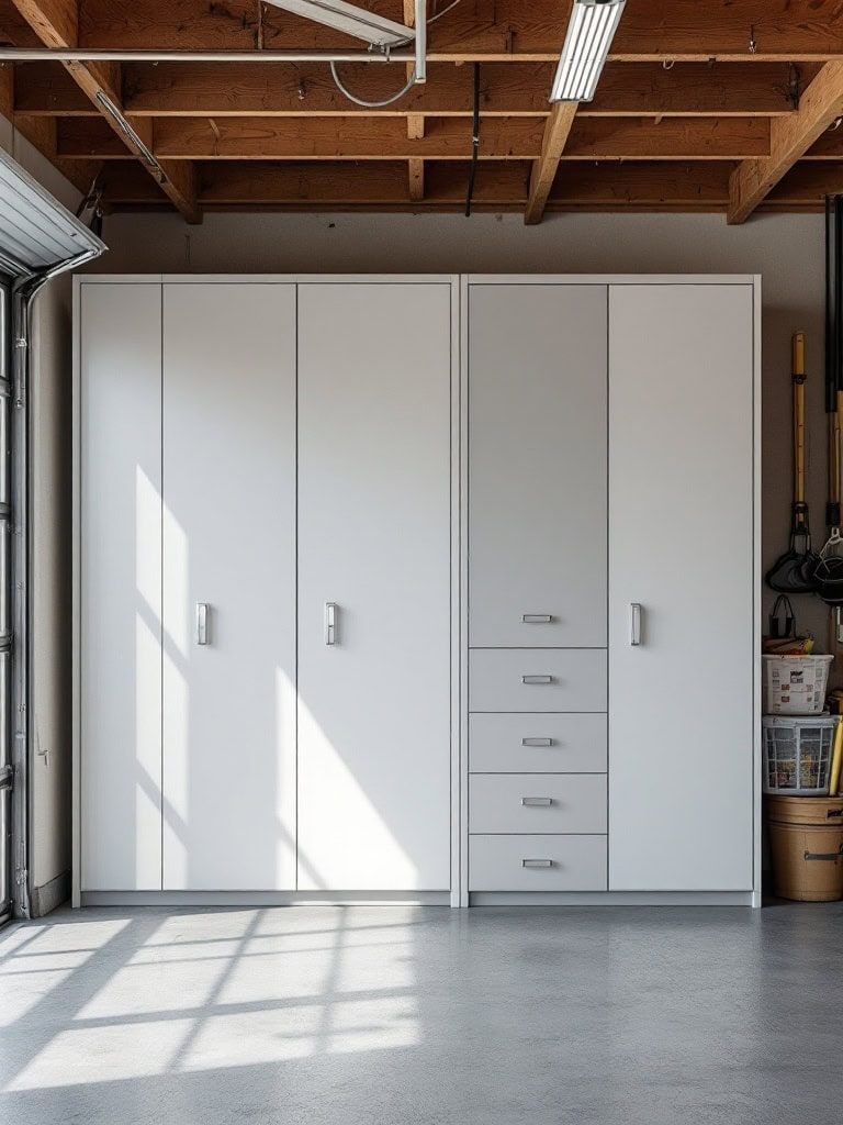 A clean garage featuring modern lockable storage cabinets with a sleek design.