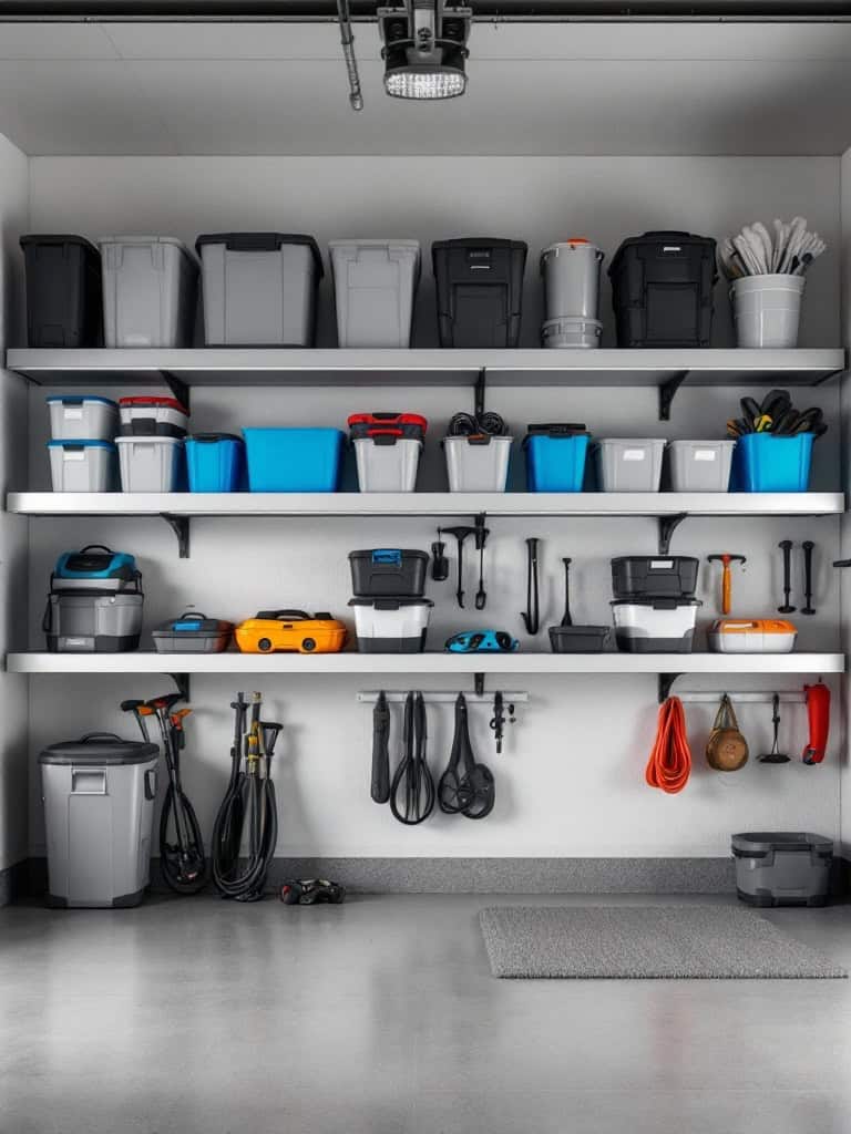 A well-organized garage with wall-mounted shelves displaying various storage bins and tools.