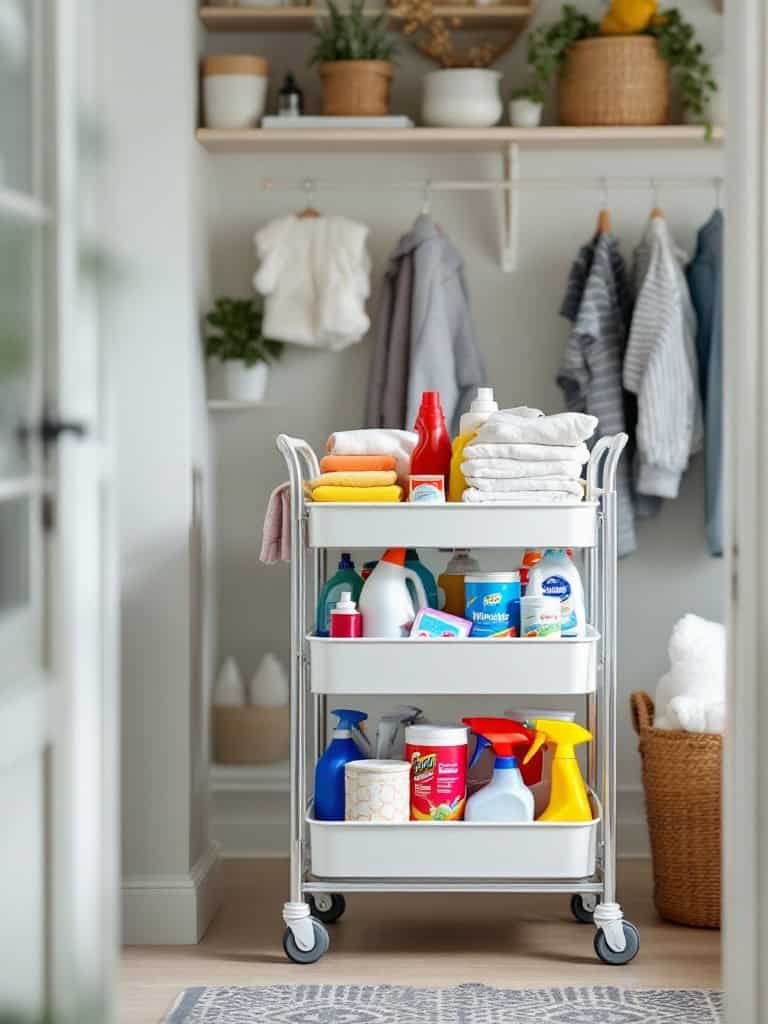 A well-organized laundry closet with a rolling cart filled with various laundry supplies.