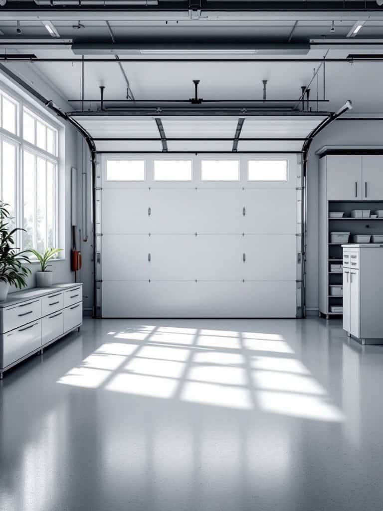 A bright and organized garage with large windows letting in natural light.