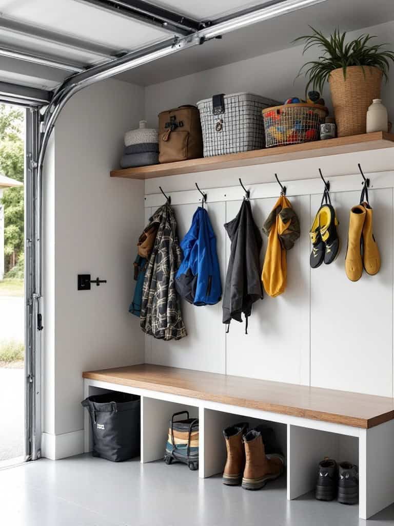 Organized mudroom area in garage with hooks, bench, and storage.