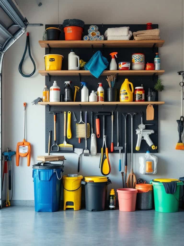 Organized garage shelves with cleaning supplies and tools.