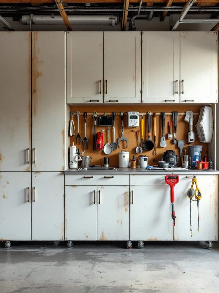 Organized garage cabinet with tools and supplies on display.